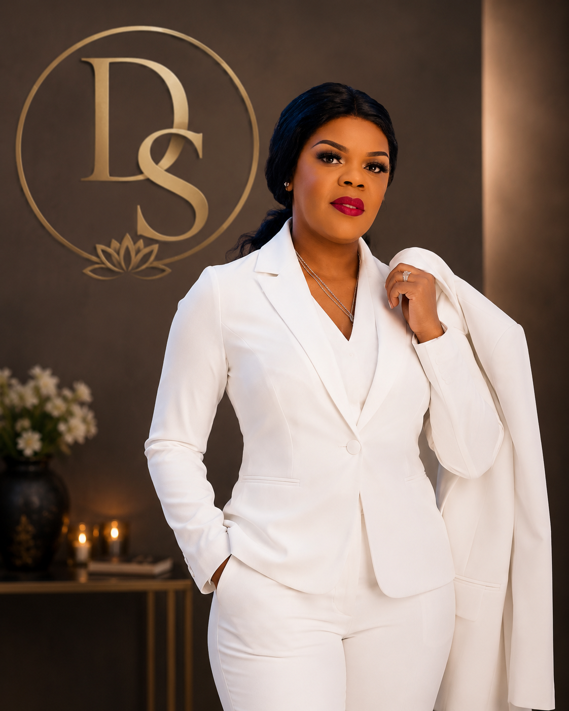 Dr. Darlene Screen in a white professional suit with gold DS lotus emblem.